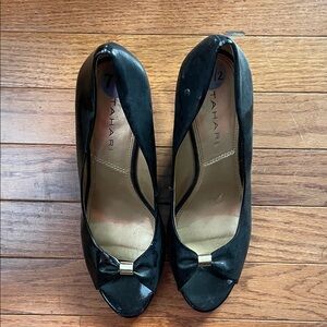 Tahari Black Peep-Toe Bow Heels with Gold Accent